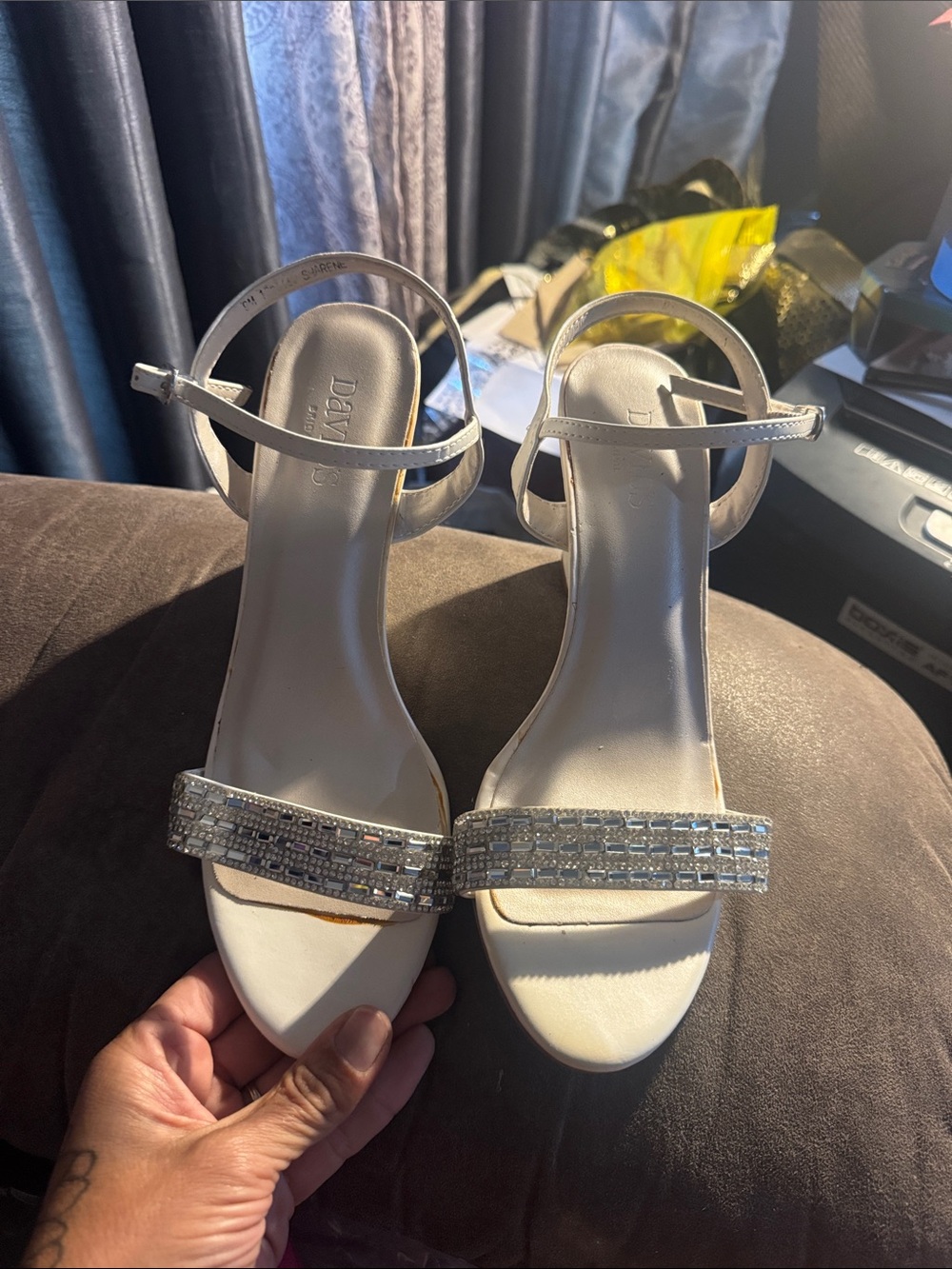 David's Bridal White Ankle-Strap Heels with Silver Rhinestone Band